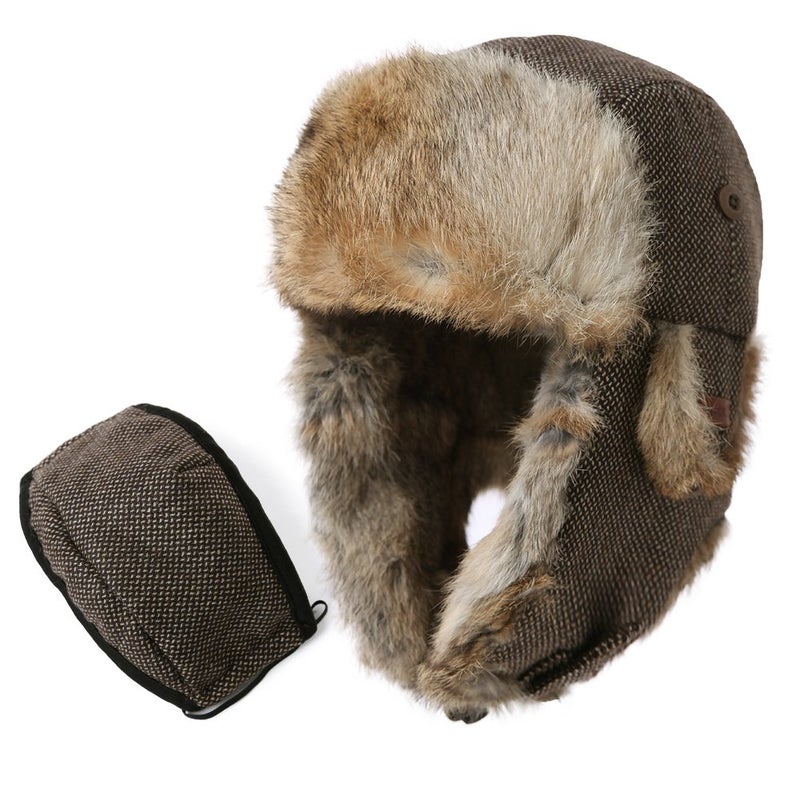 Comhats Winter 100% Real Rabbit Fur Aviator Trapper Hats for Men Ear Flaps Russian Ushanka Cold Weather with Mask Coffee Large - Image 1
